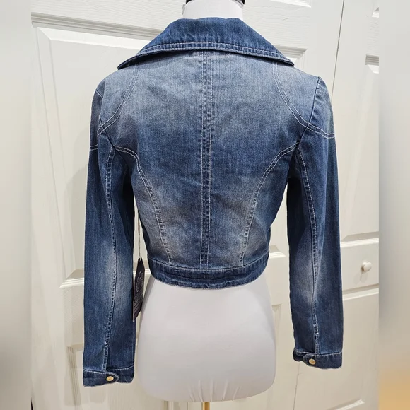 Wet Seal Wall Flower Distressed Blue Denim Zip Jean Moto Jacket Coat S - Picture 6 of 7